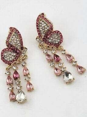 Betsey Johnson Butterfly Earrings Pink Rhinestone Dangle Statement